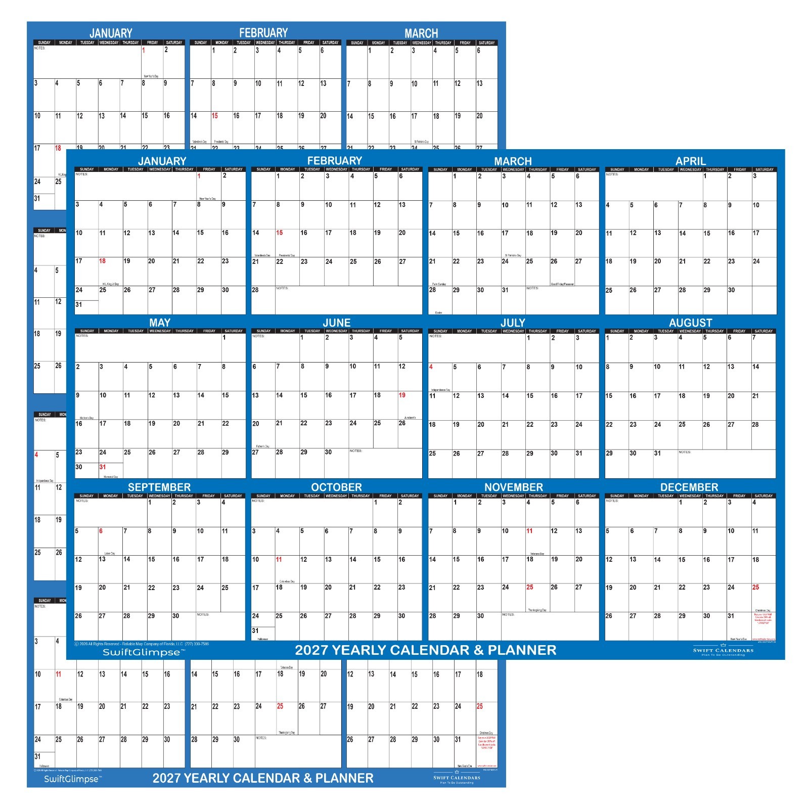 24x36 SwiftGlimpse 2027 Large Wall Calendar, Paper Folded, Yearly Planner - NAVY