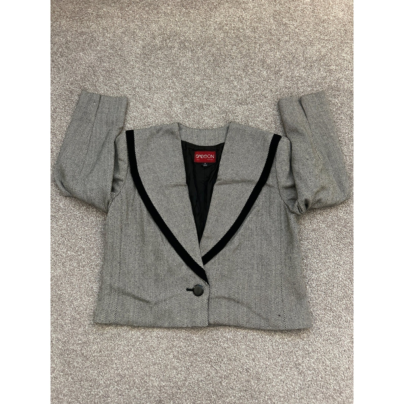 80s Vintage Sasson Blazer Women 14 Black White Excellent Vintage Cropped Wool
