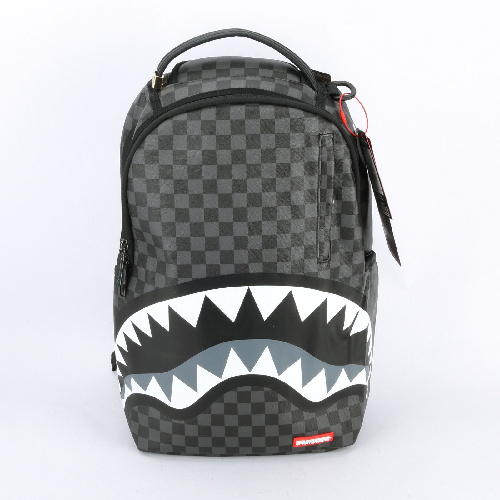 Sprayground Shark Lights Out Effect Leather Backpack Unisex Plaid Black Gray