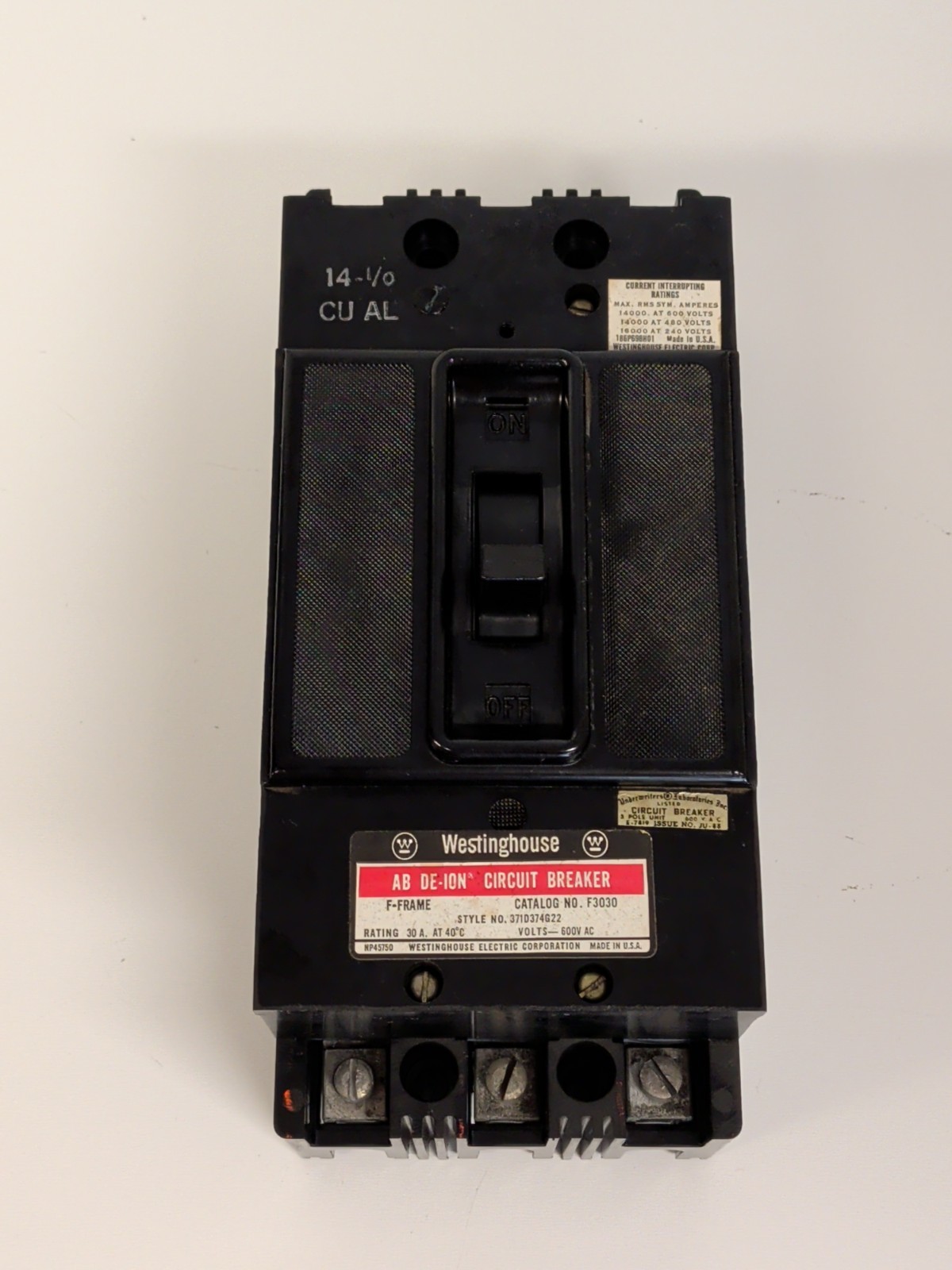 Westinghouse F3030 AB DE-ION 30A 3 Pole 600VAC F-Frame Circuit Breaker 371D374G2
