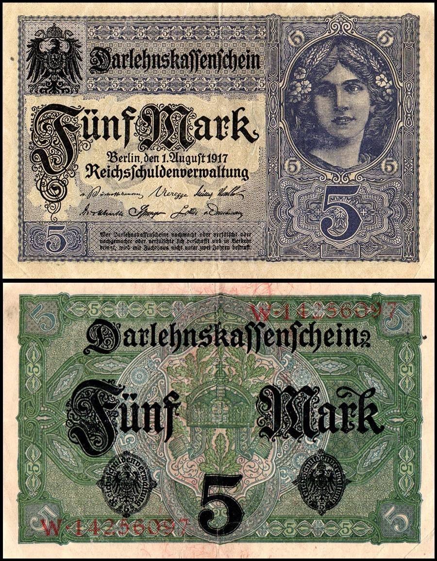 Germany 5 Mark, 1917, P-56, Used Germany 5 Mark, 1917, P-56, Used
