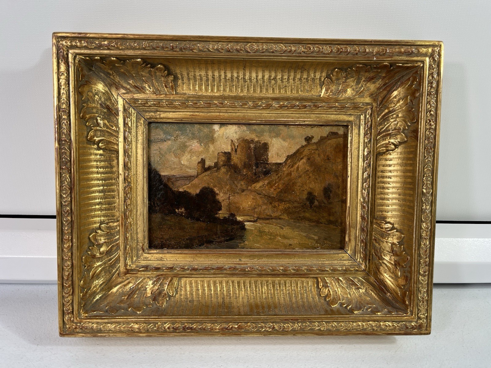 VTG English Francis Seymour Haden On Board oil Painting Gold Frame 12”x 10”