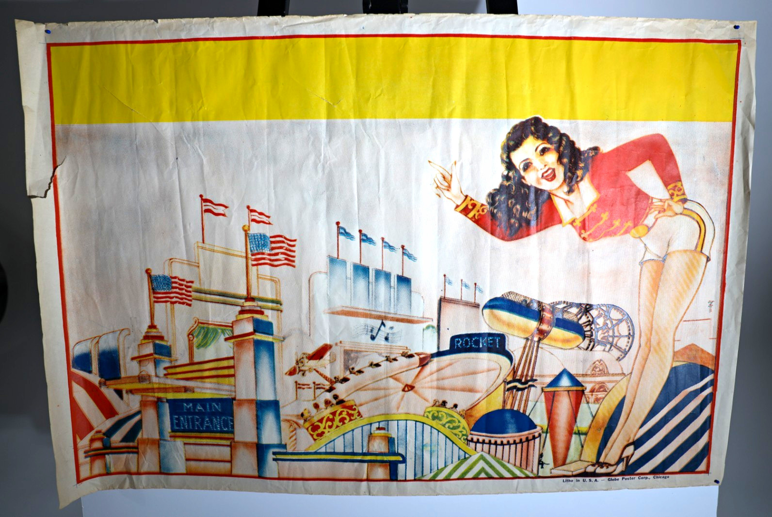 Original Vintage 1940s Carnival Poster Pinup Girl Globe Poster Chicago 41x27