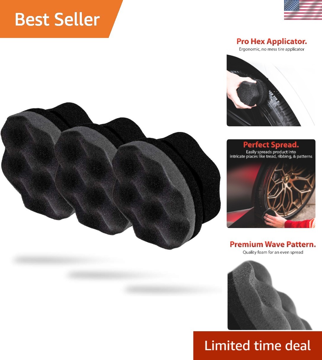 Adam's Pro Tire Hex Grip Applicator Set - 3 Washable Tools for Detailers