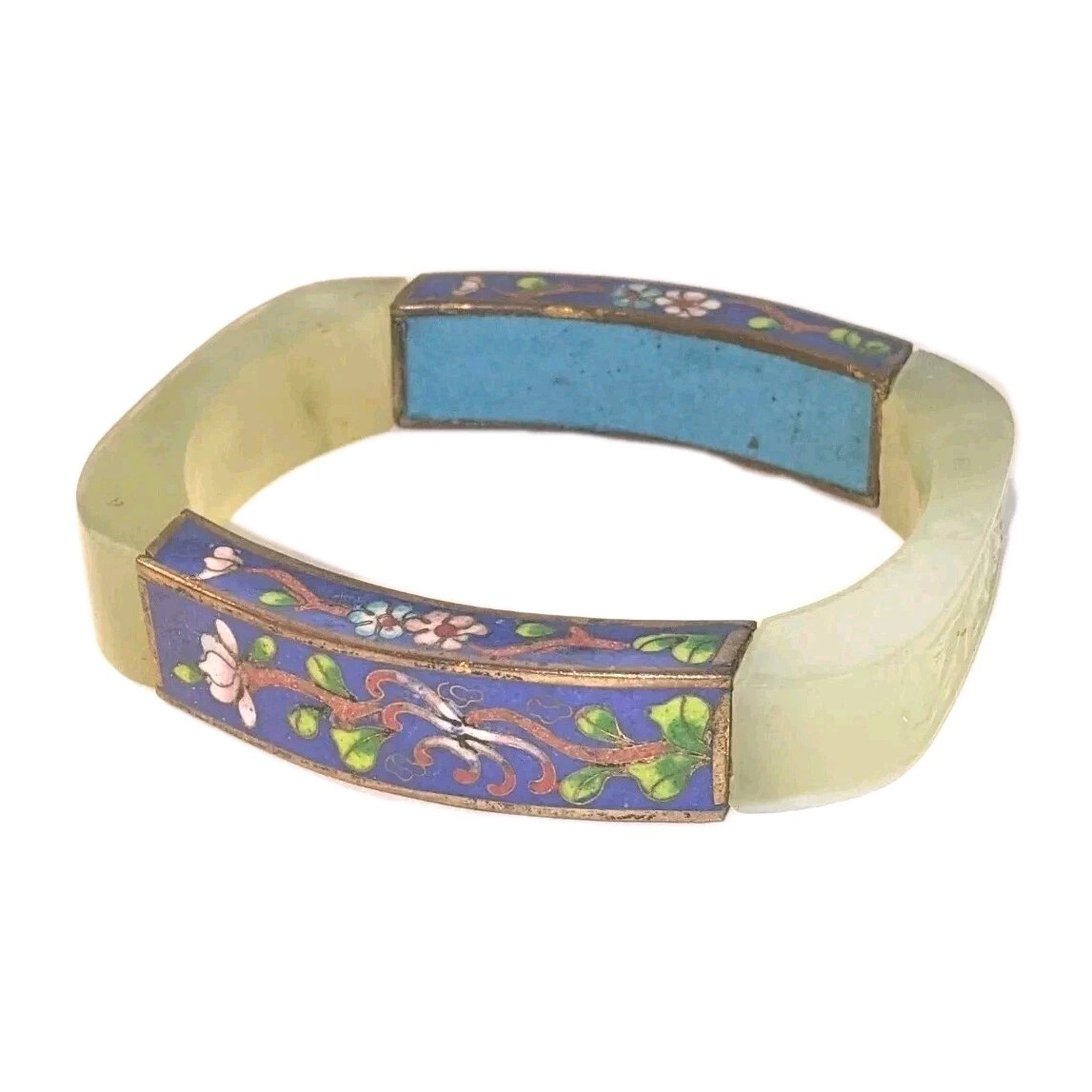 RARE VTG LARGE 15MM CELADON CARVED JADE & CLOISONNE LOTUS FLOWER BANGLE BRACELET RARE VTG LARGE 15MM CELADON CARVED JADE & CLOISONNE LOTUS FLOWER BANGLE BRACELET