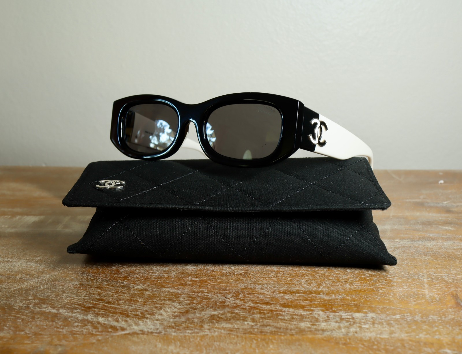 CHANEL CH5525 Rectangle Sunglasses 52mm Black White/Gray Polarized Lens 100% UV CHANEL CH5525 Rectangle Sunglasses 52mm Black White/Gray Polarized Lens 100% UV