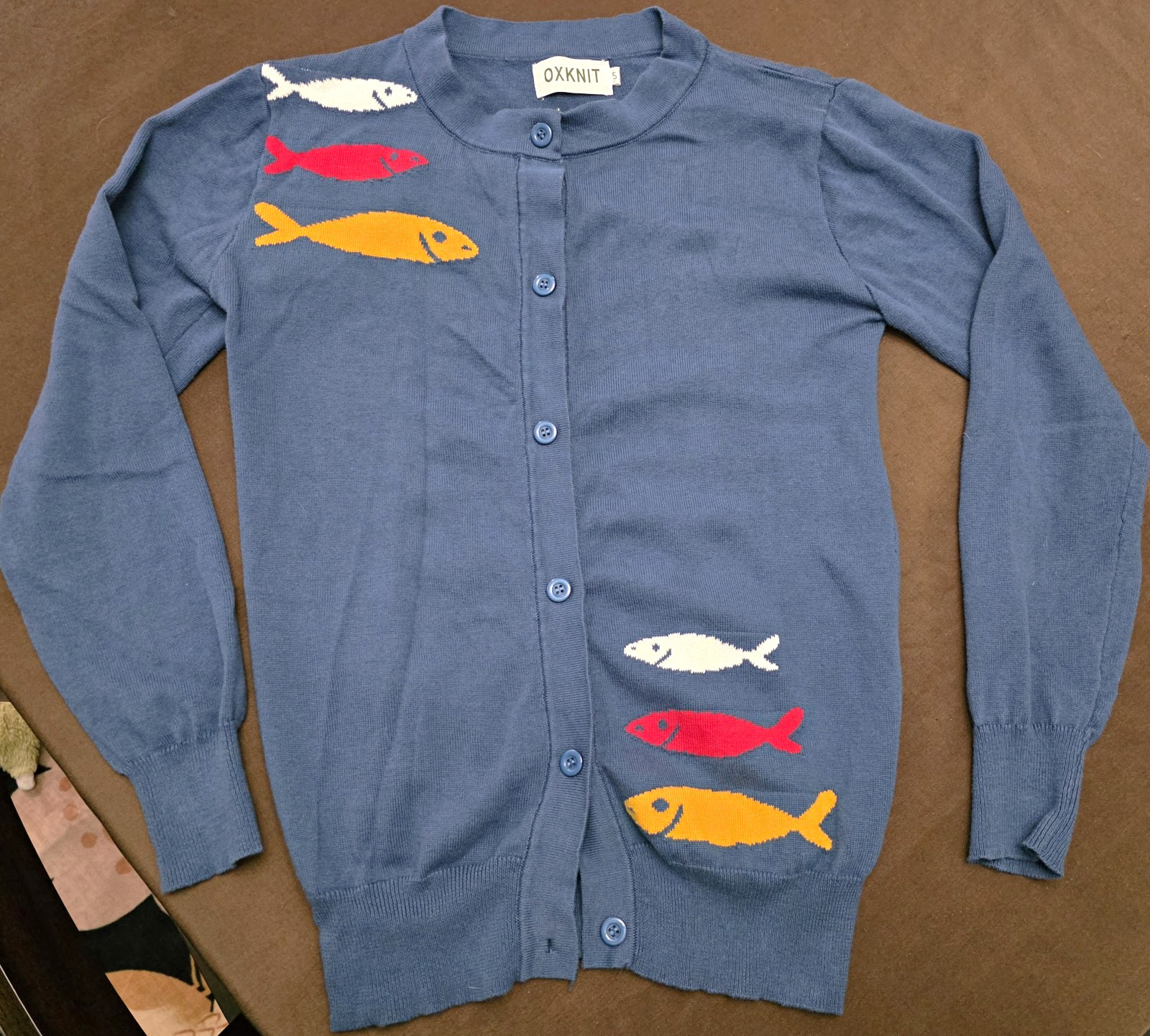OXKNIT Women’s S 100% Cotton Knit Blue Fish Graphic Button-Front Cardigan OXKNIT Women’s S 100% Cotton Knit Blue Fish Graphic Button-Front Cardigan