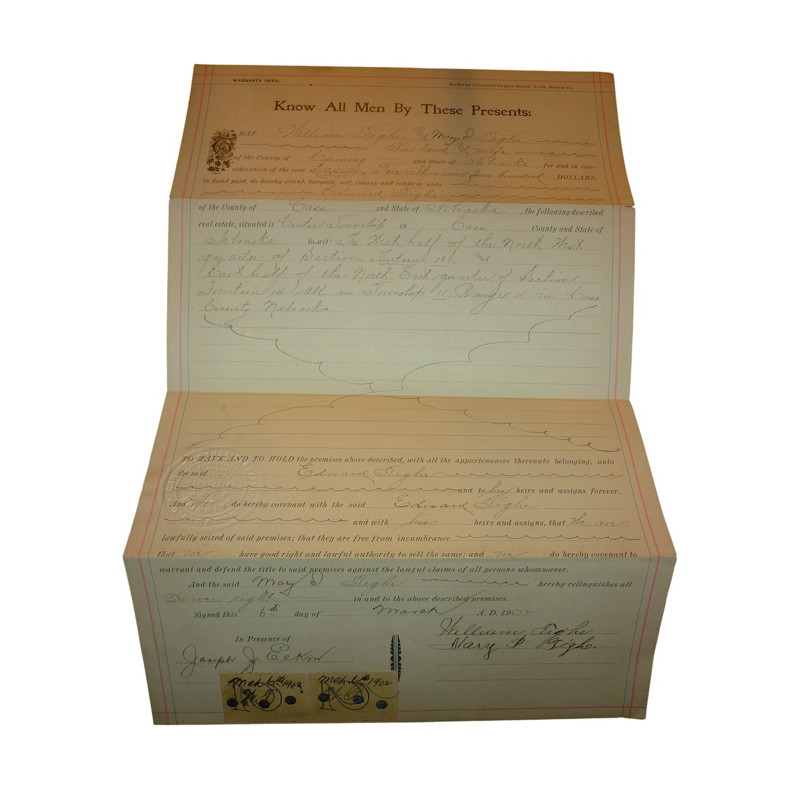 Vintage 1902 Nebraska Warranty Deed Cass County Land Document Revenue Stamps