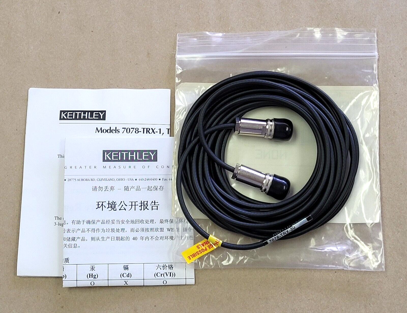 KEITHLEY 7078-TRX-20 TRIAX CABLE WITH 3-SLOT TRIAX CONNECTORS, 20FT. LONG