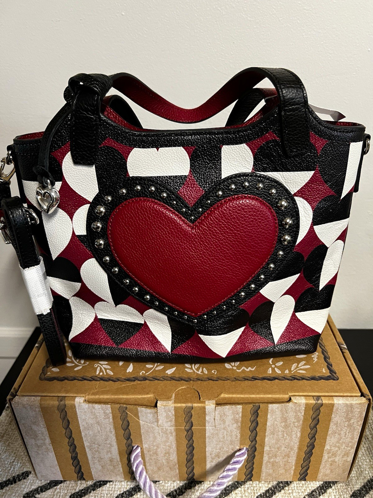 Brighton Small Tote Hearts Studded Black/White/Red Zip w/ Strap limited edition