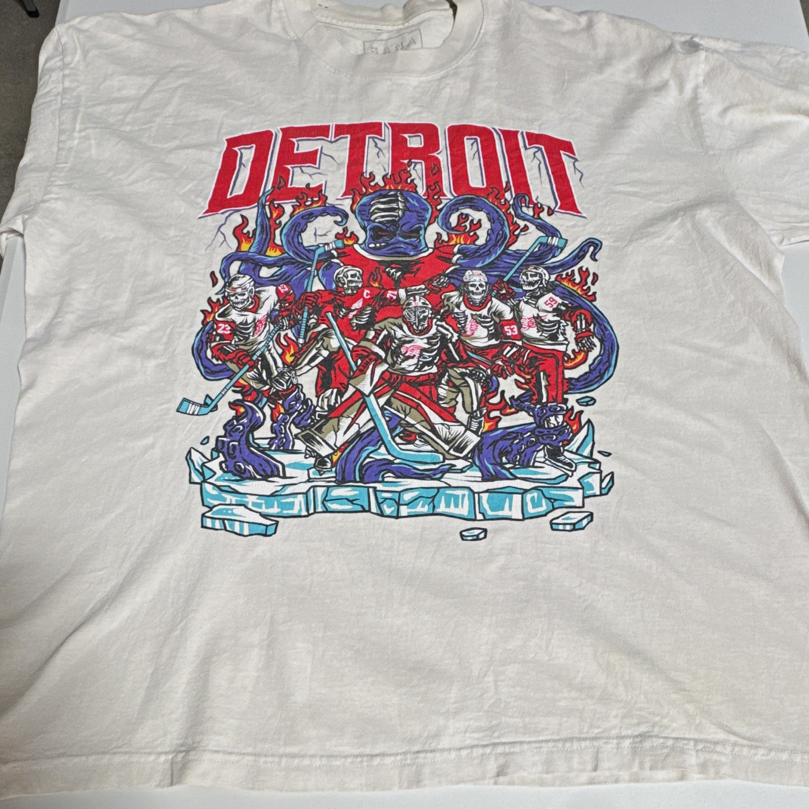 Detroit Red Wings skeleton graphic tee, crazy front graphic, vintage style.