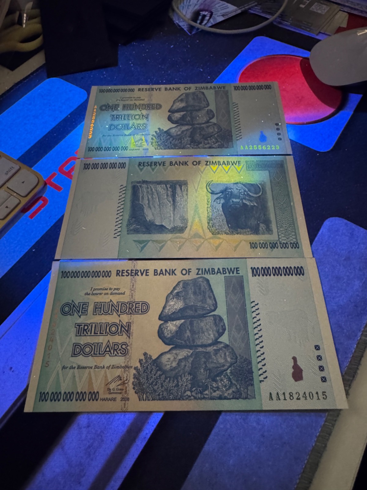 3 X Authentic Zimbabwe 100 Trillion Dollars, CIRCULATED Currency, AA/2008, P-91