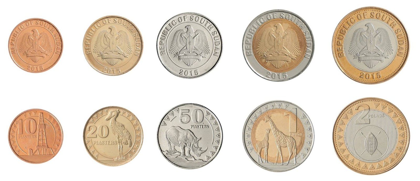South Sudan 10 Piasters - 2 Pounds 5 Pieces Set, 2015, KM #1-5, Mint