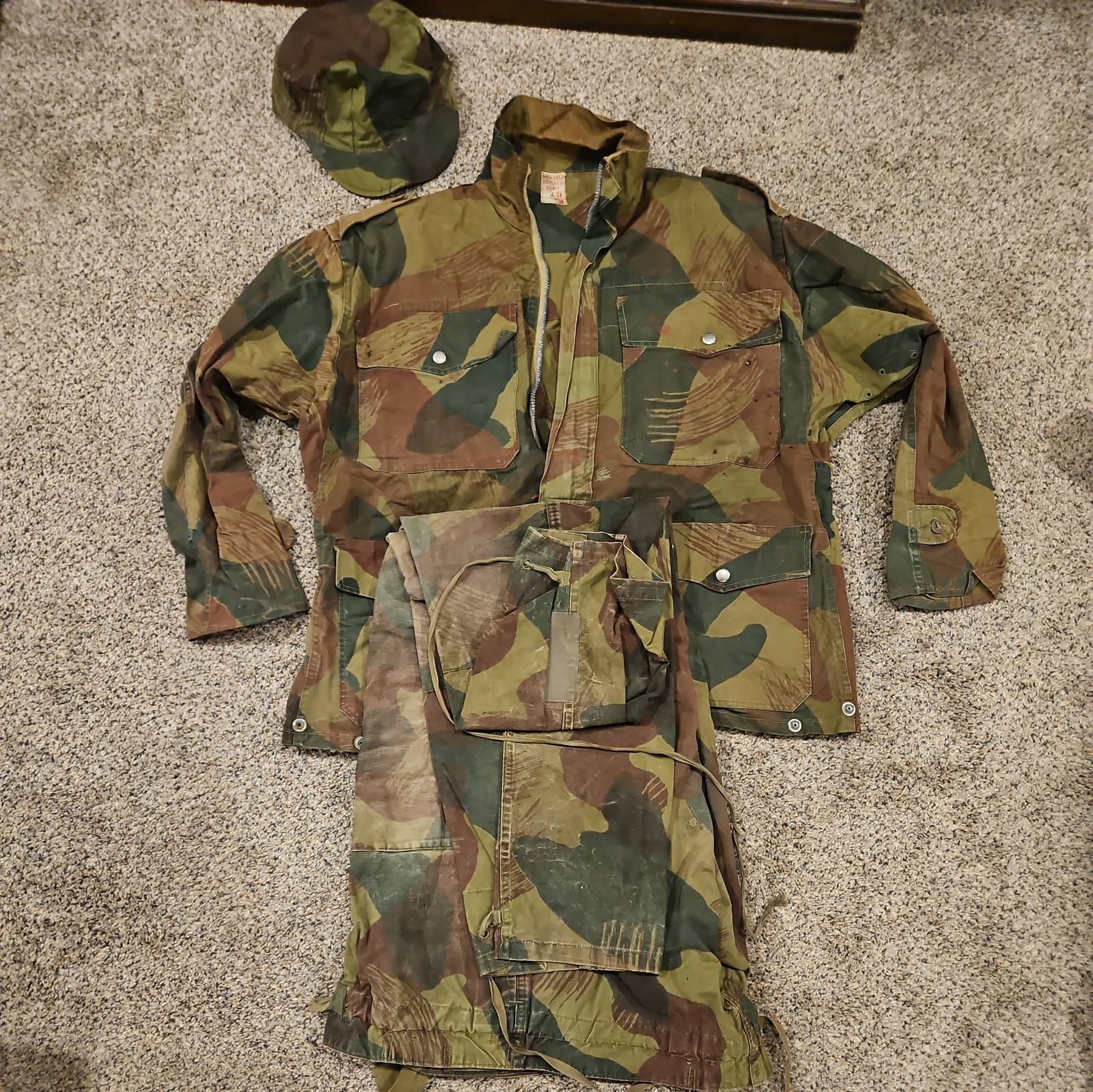 Vintage 1950s Belgian Army parachutist smock, trousers, cap Moon And Balls Camo