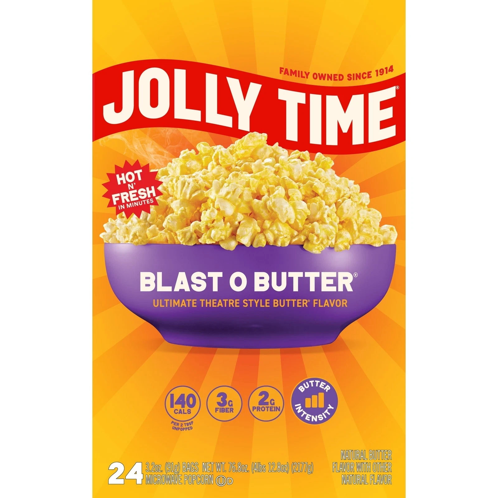JOLLY TIME Blast O Butter Microwave Popcorn, 24 Ct (3.2 oz. Bags) Gluten-Free