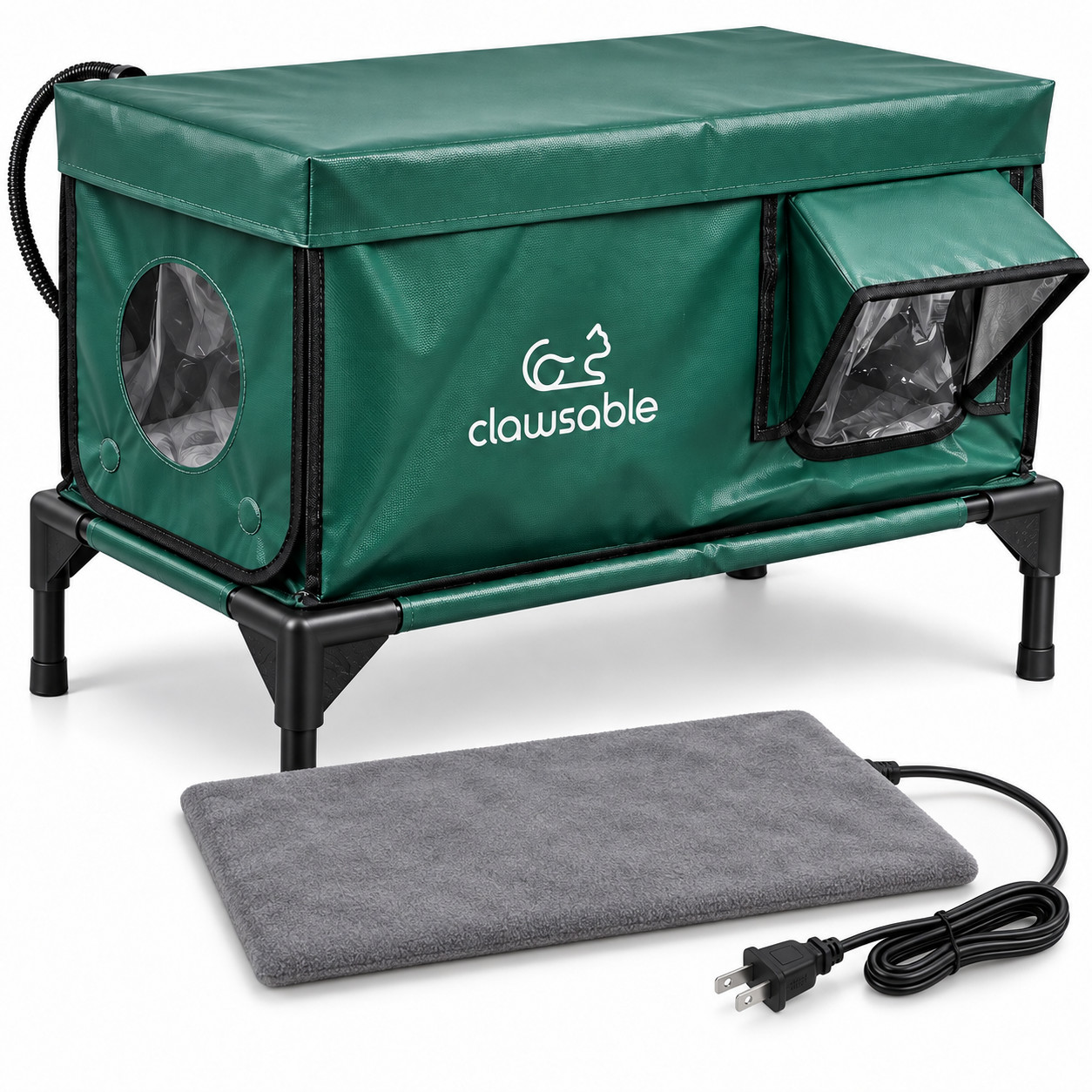 Outdoor Heated Cat House Elevated Shelter w/ Gray Heating Pad 24.5in Green