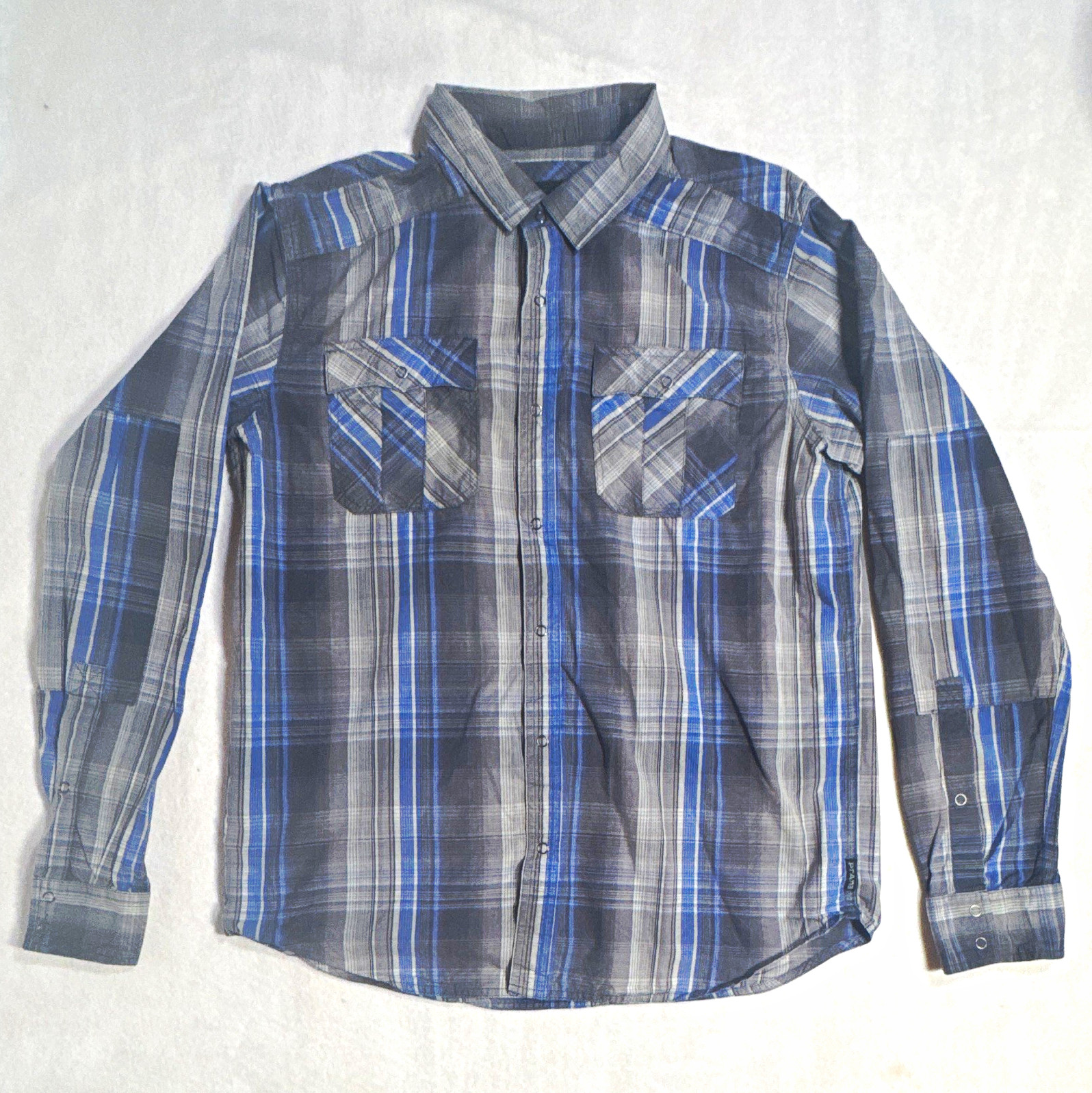 prAna Men’s L Gray Blue Plaid Woven LS Button-Up Shirt Pockets Point prAna Men’s L Gray Blue Plaid Woven LS Button-Up Shirt Pockets Point