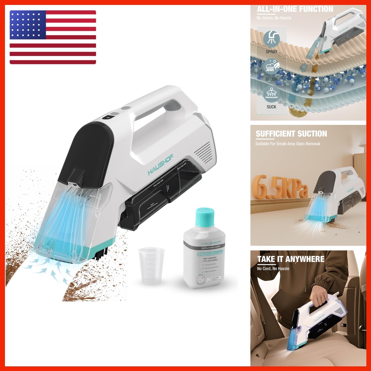 HAUSHOF 12V Cordless Handheld Carpet Cleaner, 6.5KPa Suction HAUSHOF 12V Cordless Handheld Carpet Cleaner, 6.5KPa Suction