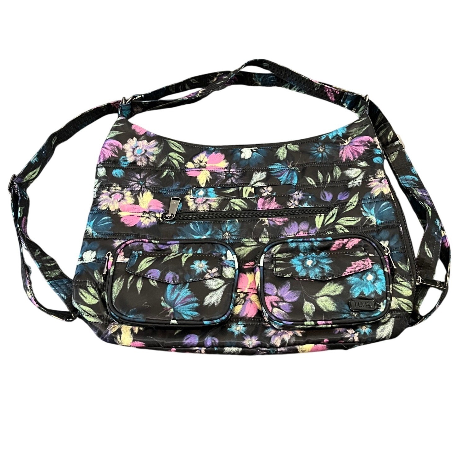 LUG Zipliner Convertible Hobo Bag Bloom Black Floral Purse Travel Shoulder Bag