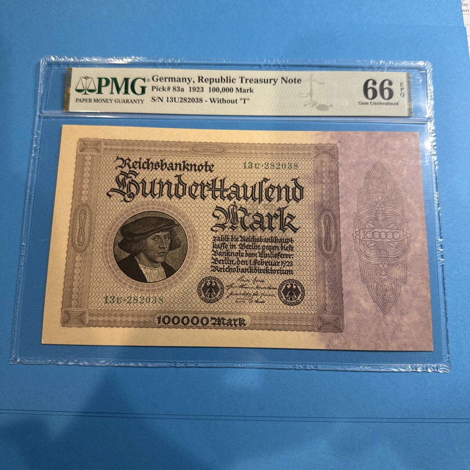 PMG Graded Germany, Republic Treasury Note 100,000 Mark Banknote 1923 pic83a 66