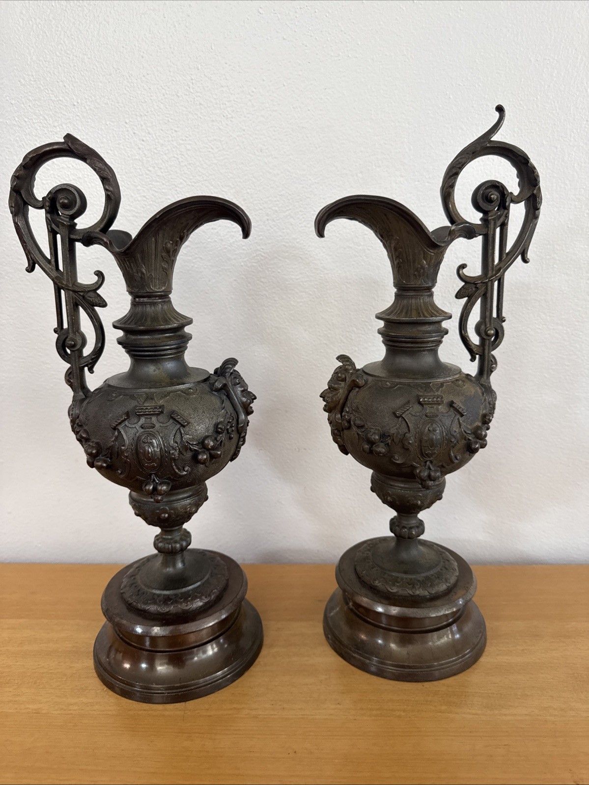 Pair of Antique Victorian Ansonia Rosalind Spelter Ewers 1880's Pair of Antique Victorian Ansonia Rosalind Spelter Ewers 1880's