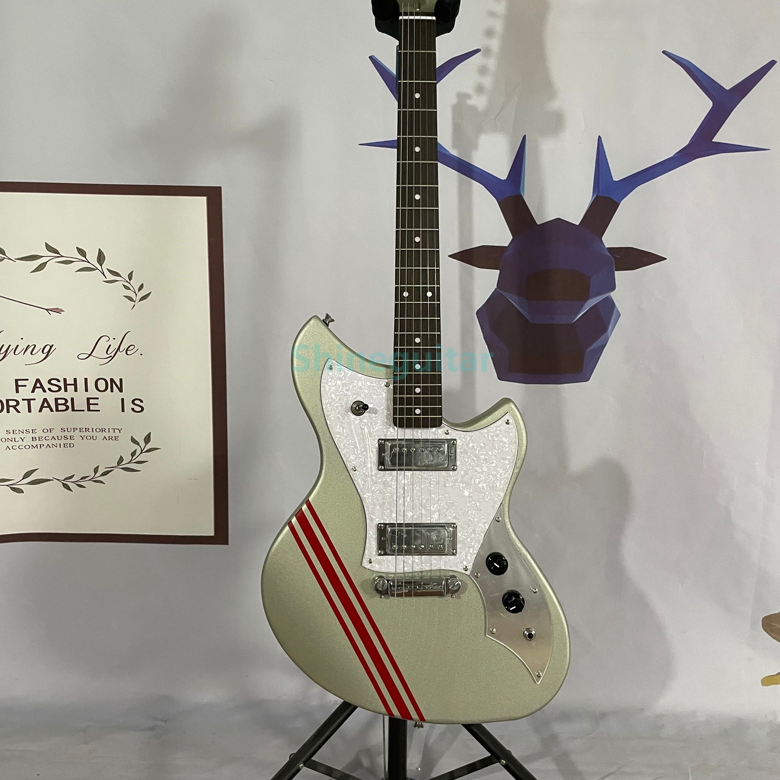 Custom Solid Body Electric Guitar Silver Sparkel HH Pickups Red Stripes 6 String