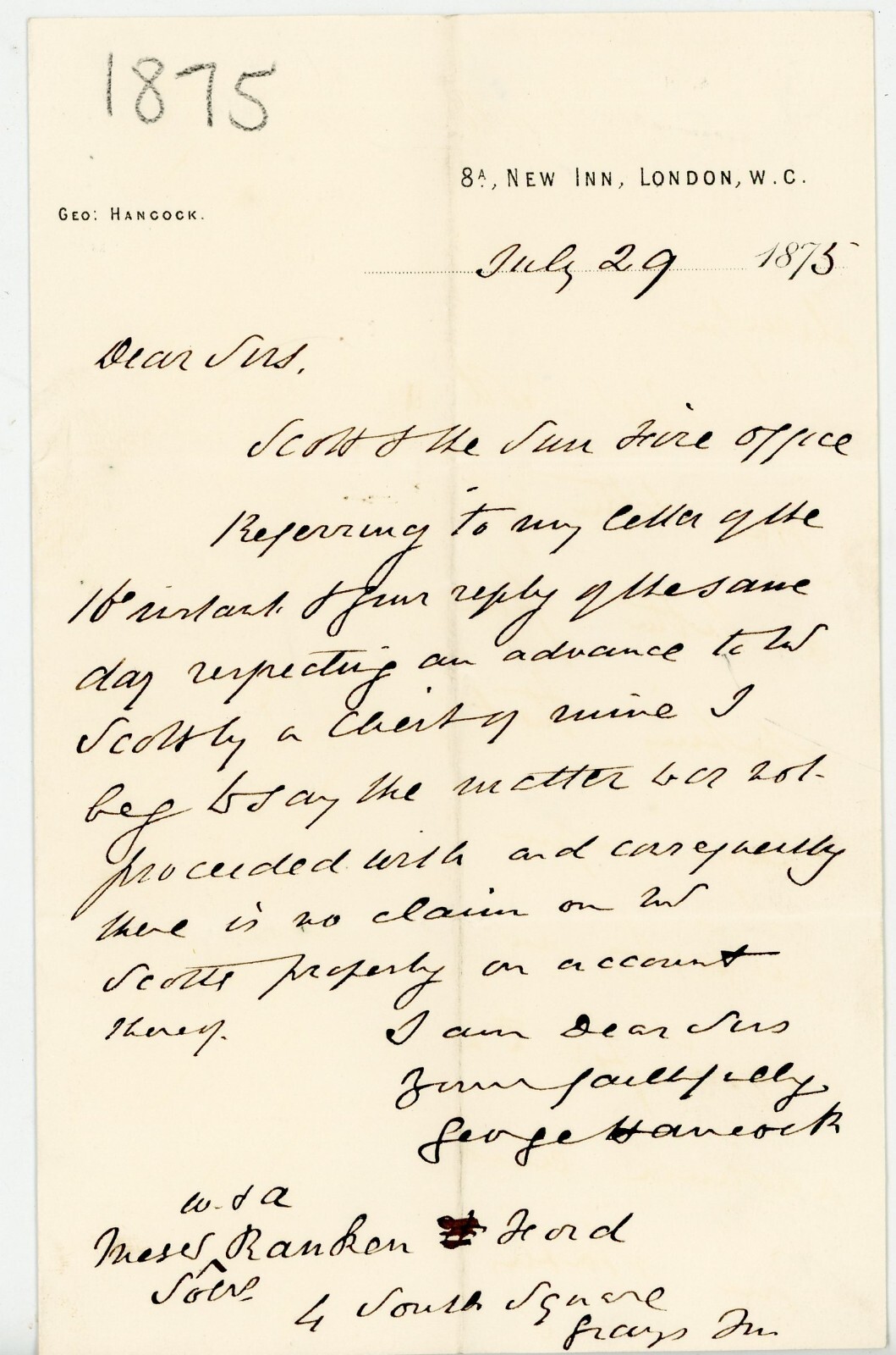 1875 Legal Letter Signed George Hancock Re: Claim on Mr. Scott\'s Property 1875 Legal Letter Signed George Hancock Re: Claim on Mr. Scott\'s Property