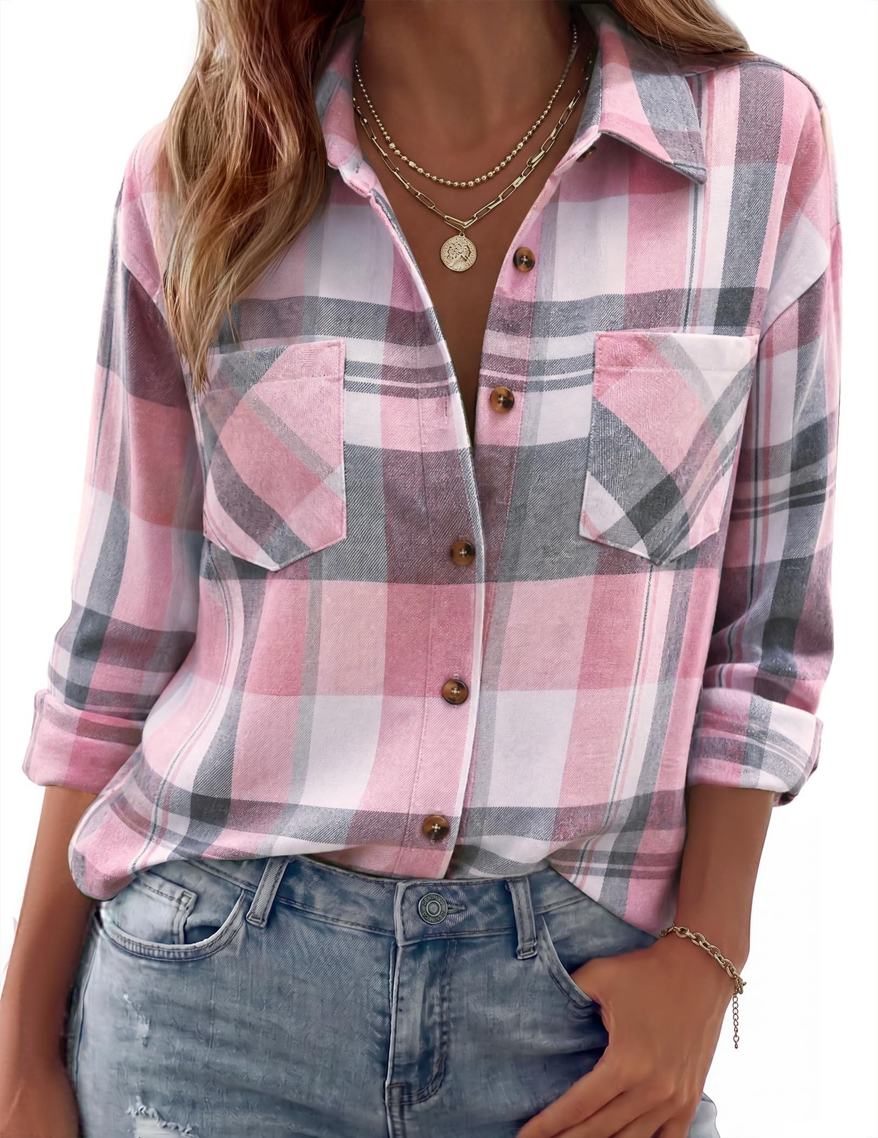 Womens Flannel Shirts Long Sleeve Button Down Casual Fall Plaid Top
