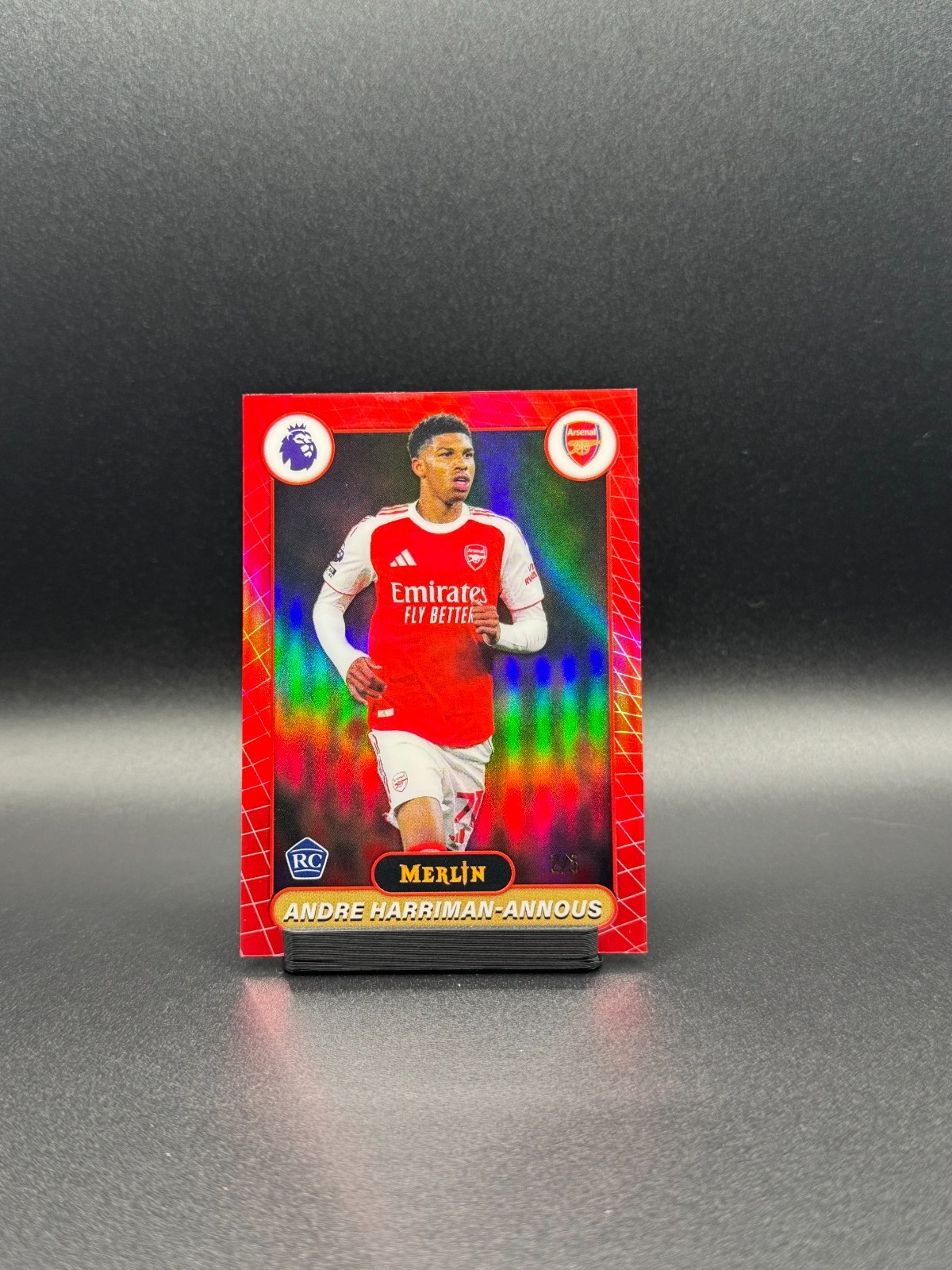 2025-26 Topps Merlin EPL Andre Harriman-Annous /5 RC - Arsenal red color match
