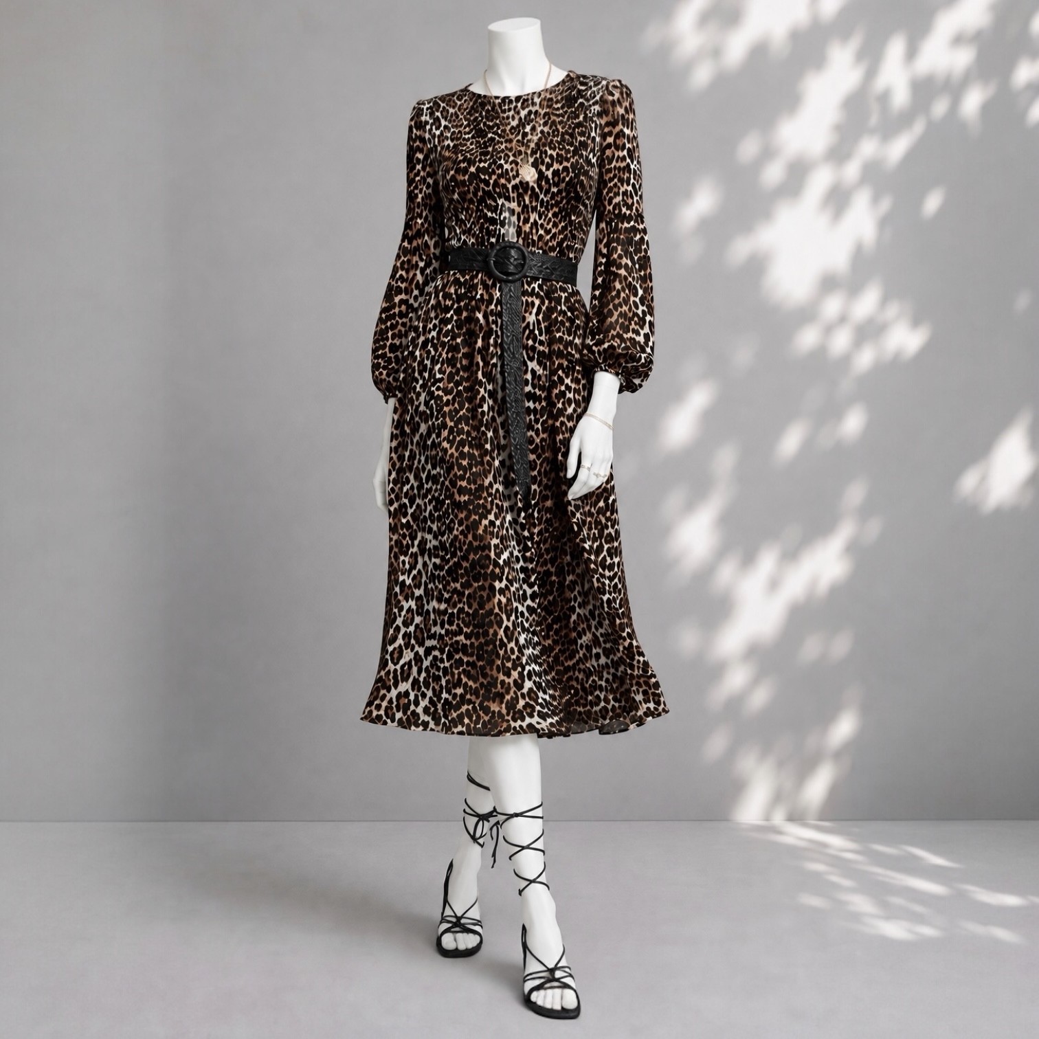 Ganni Printed Georgette Dress S Brown Black Leopard Smocked Long Sleeve