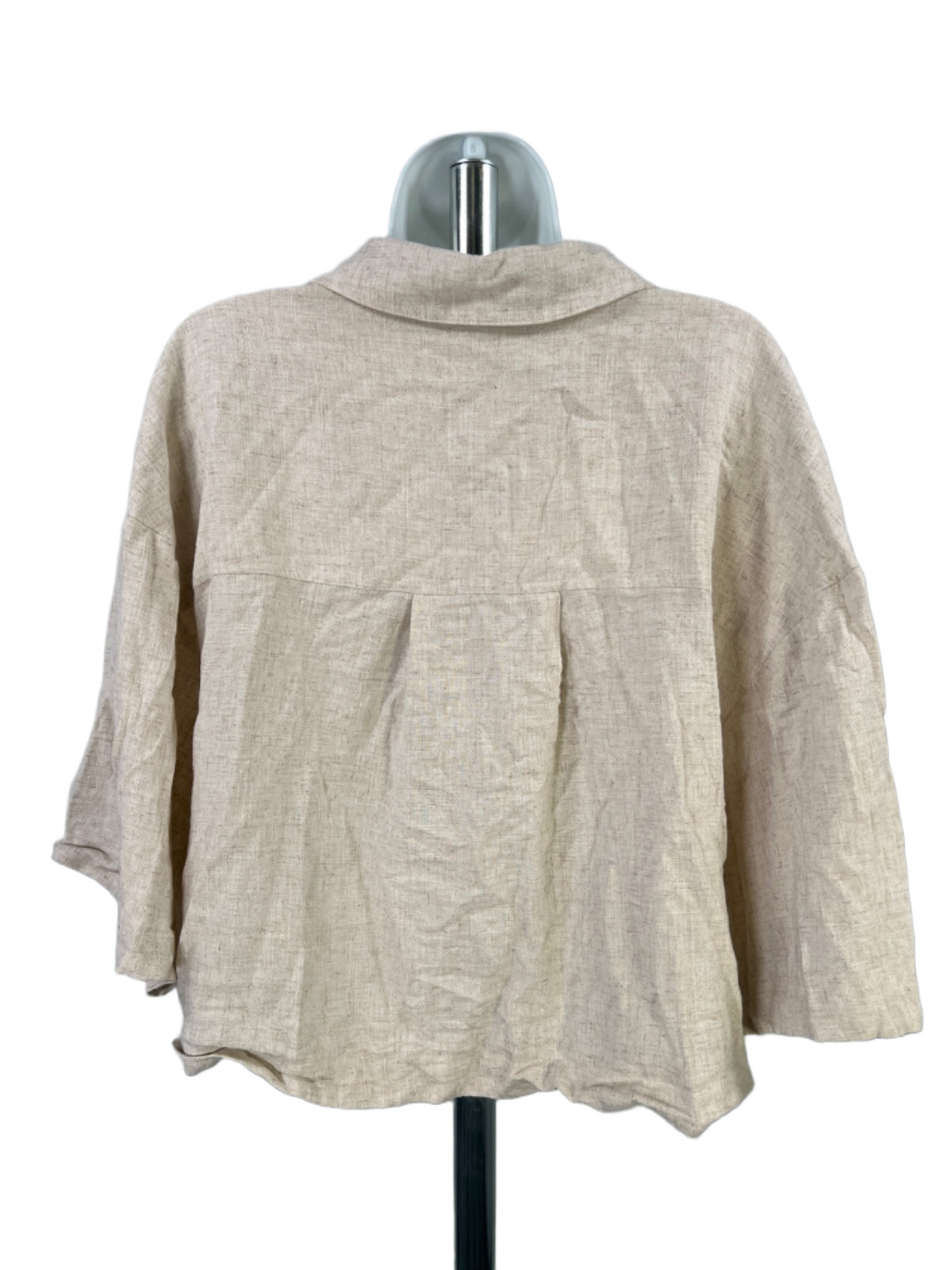 Topshop Women\'s Beige Linen Blend Short Sleeve Cropped Button Up Shirt - 12