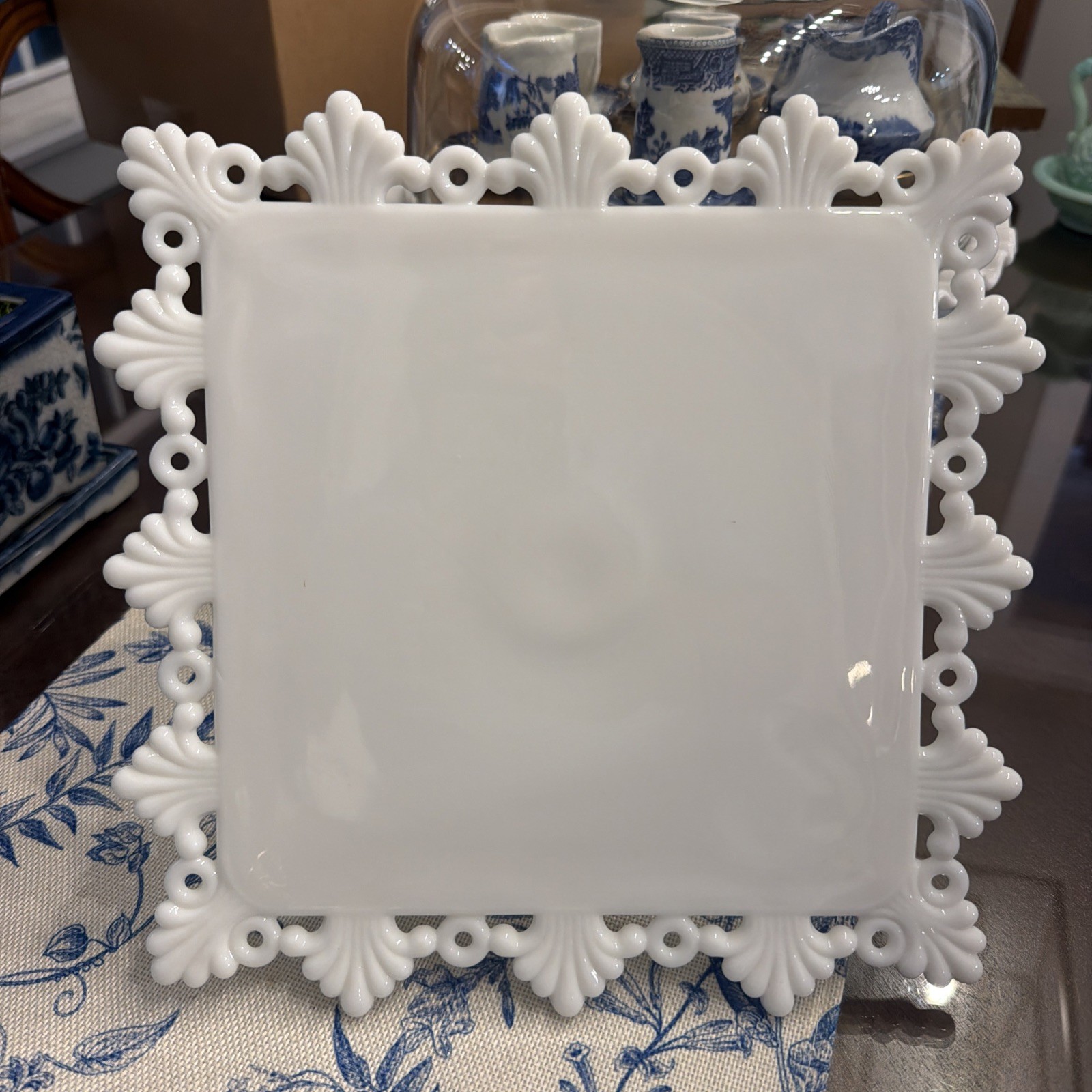 Vintage Westmoreland Square Ring and Petal Brandywine White Cake Stand 11”