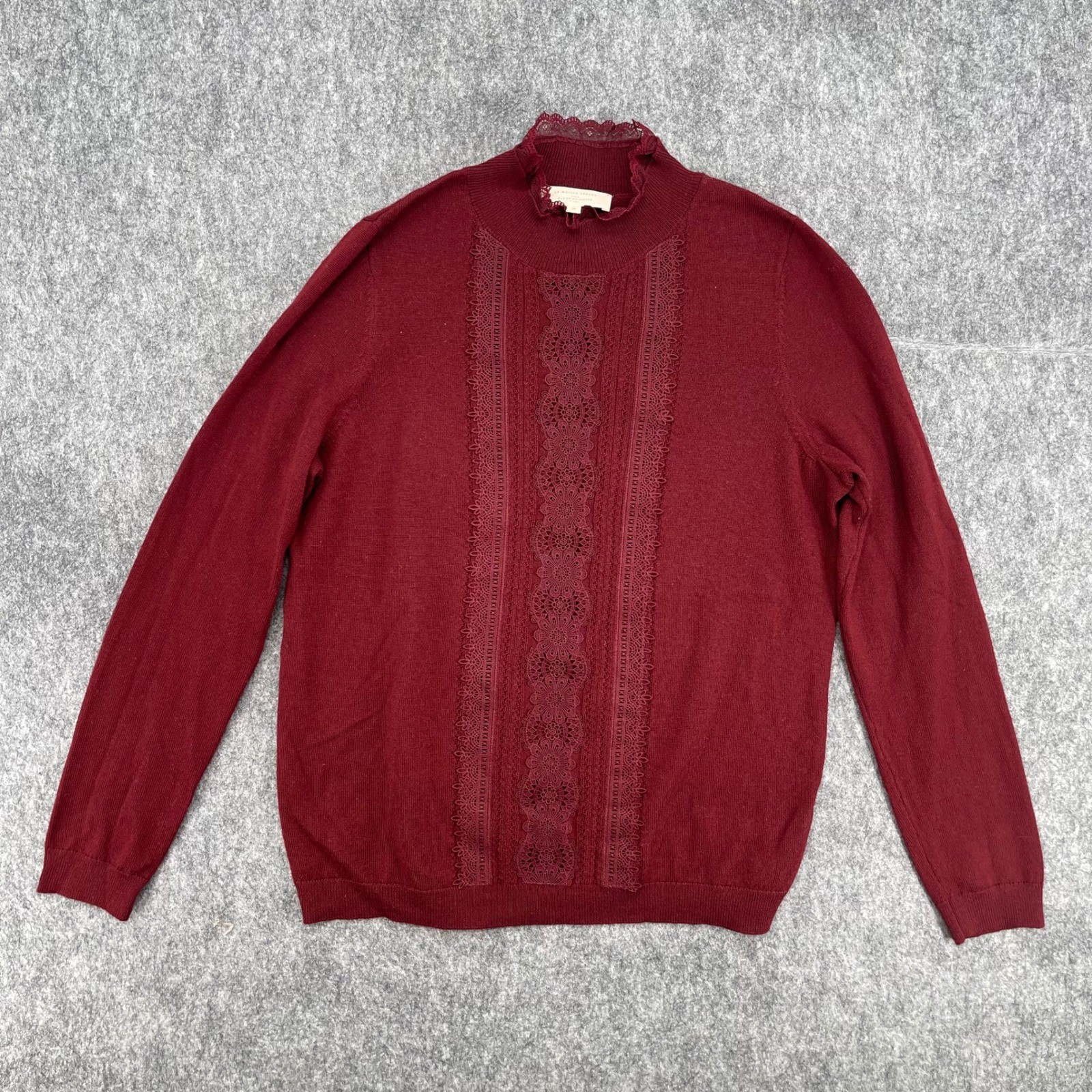 Sezane La Maille Sweater Womens Medium Merino Wool Lace Trim Red Mock Neck