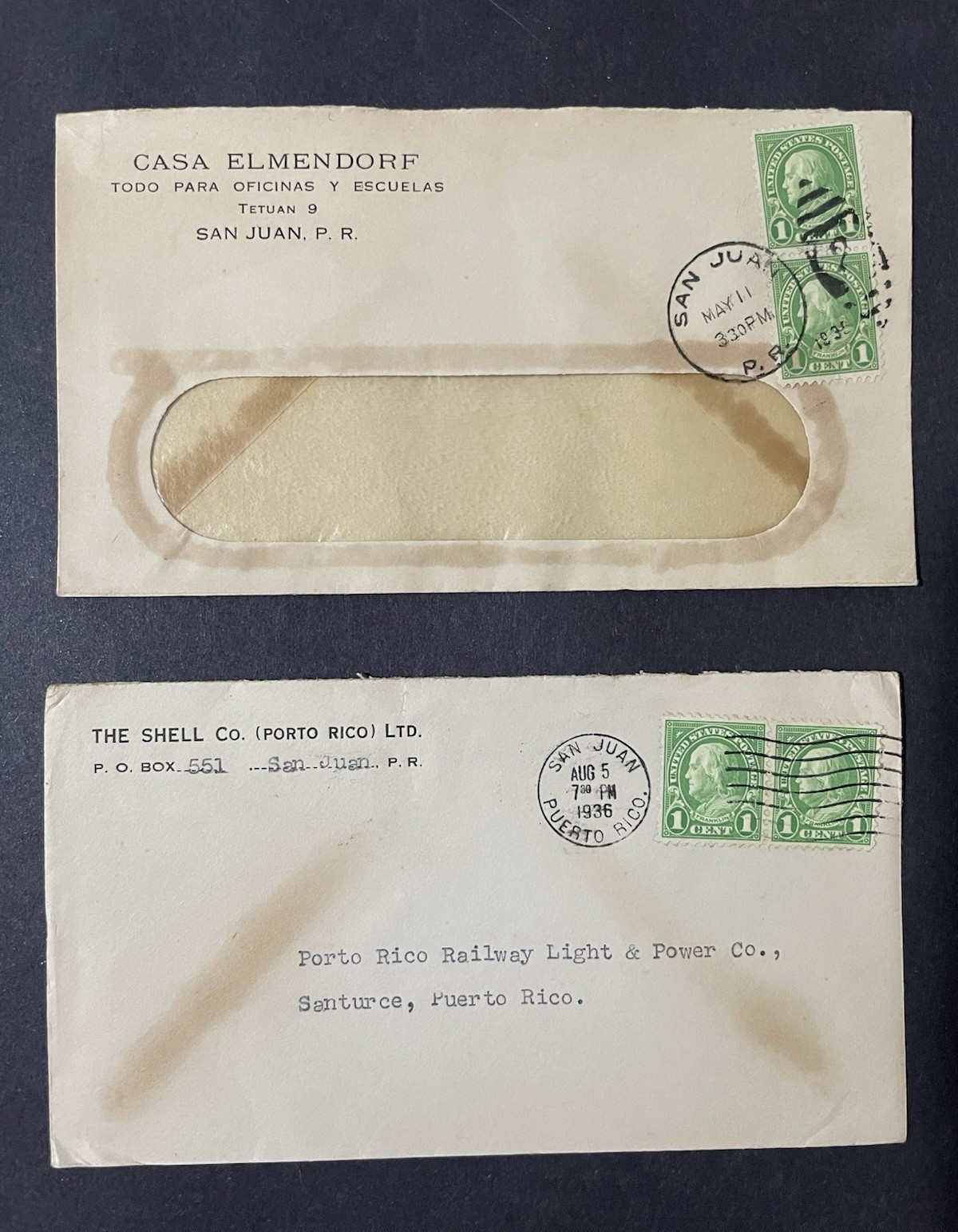 1930s Pair Covers San Juan Puerto Rico Commercial Mail Shell Co Casa Elmendorf
