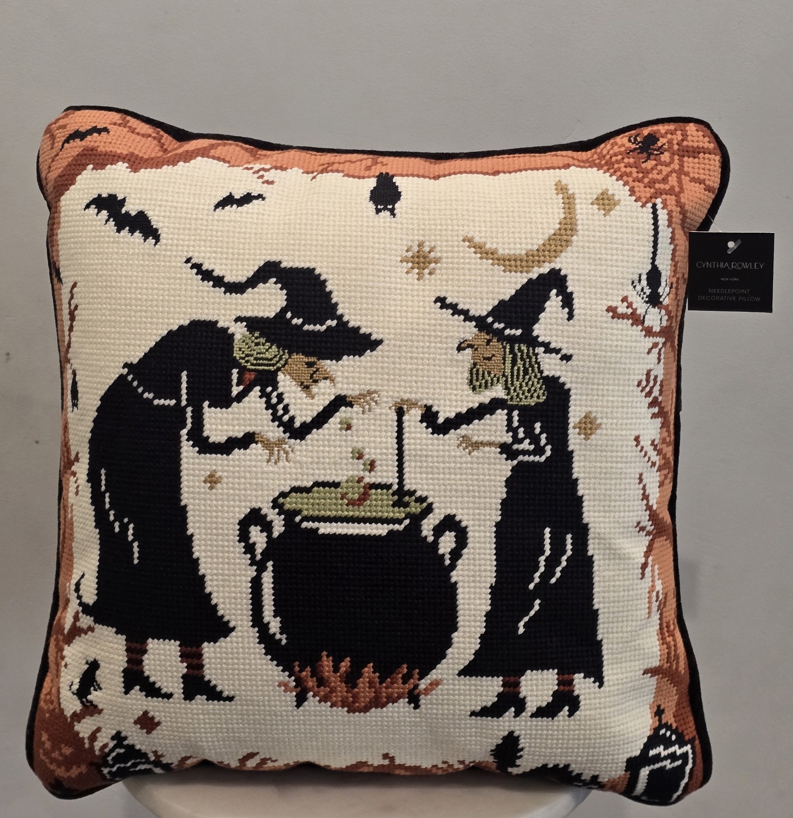 Cynthia Rowley Halloween Needlepoint Witch Decorative Pillow 13x13 NWT