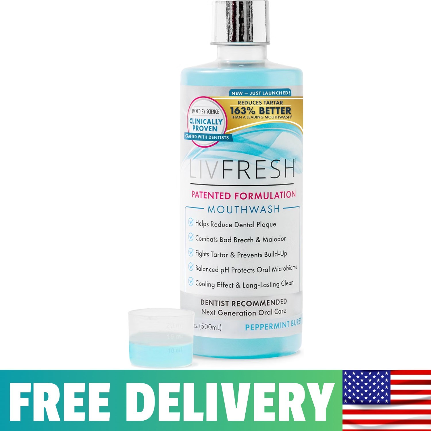 LIVFRESH Mouthwash, Clinically Proven, 16.9 Fl Oz (Pack of 1), Peppermint