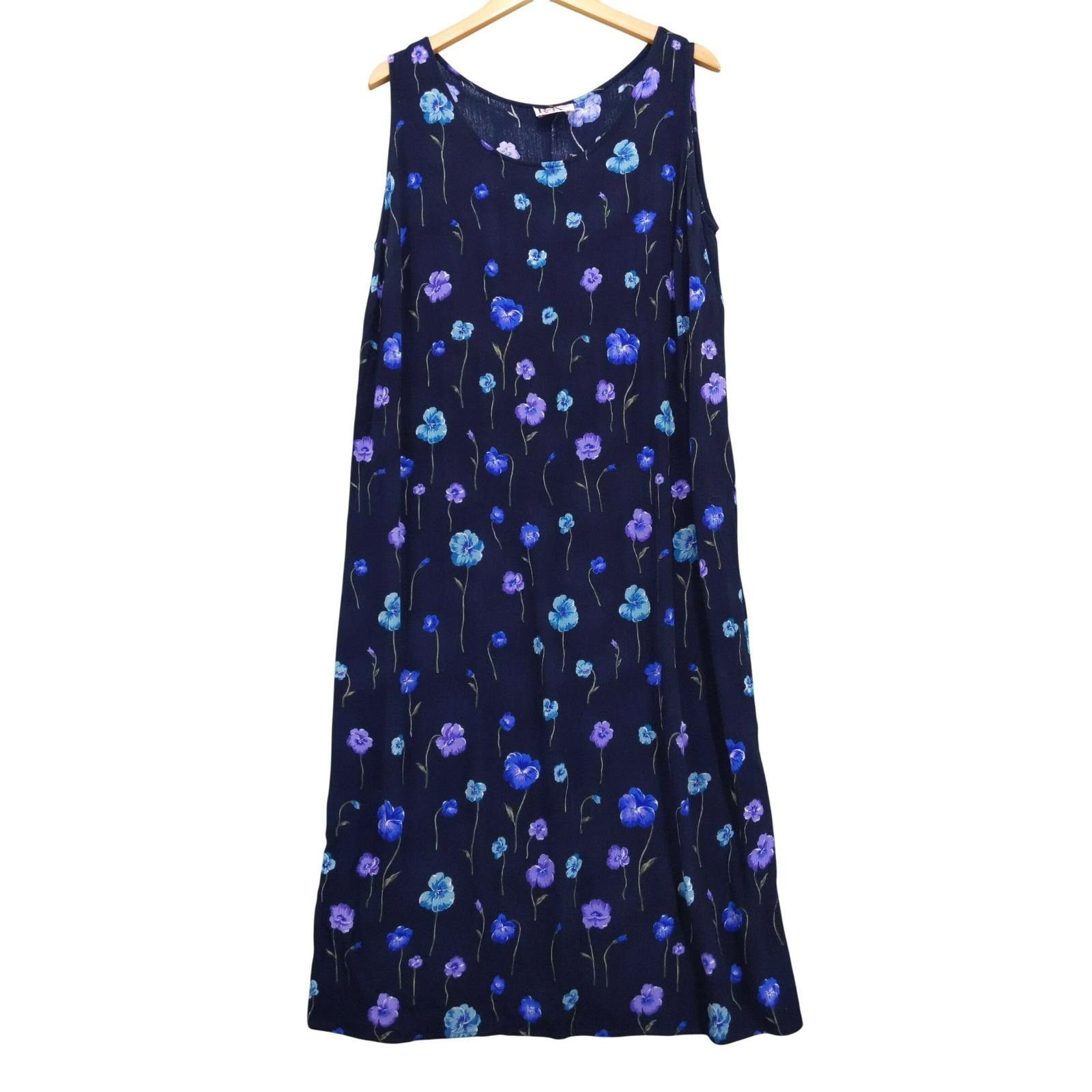 90s Vintage R&K Original Woman Dress Rayon 2X Navy Blue Floral Tie Back