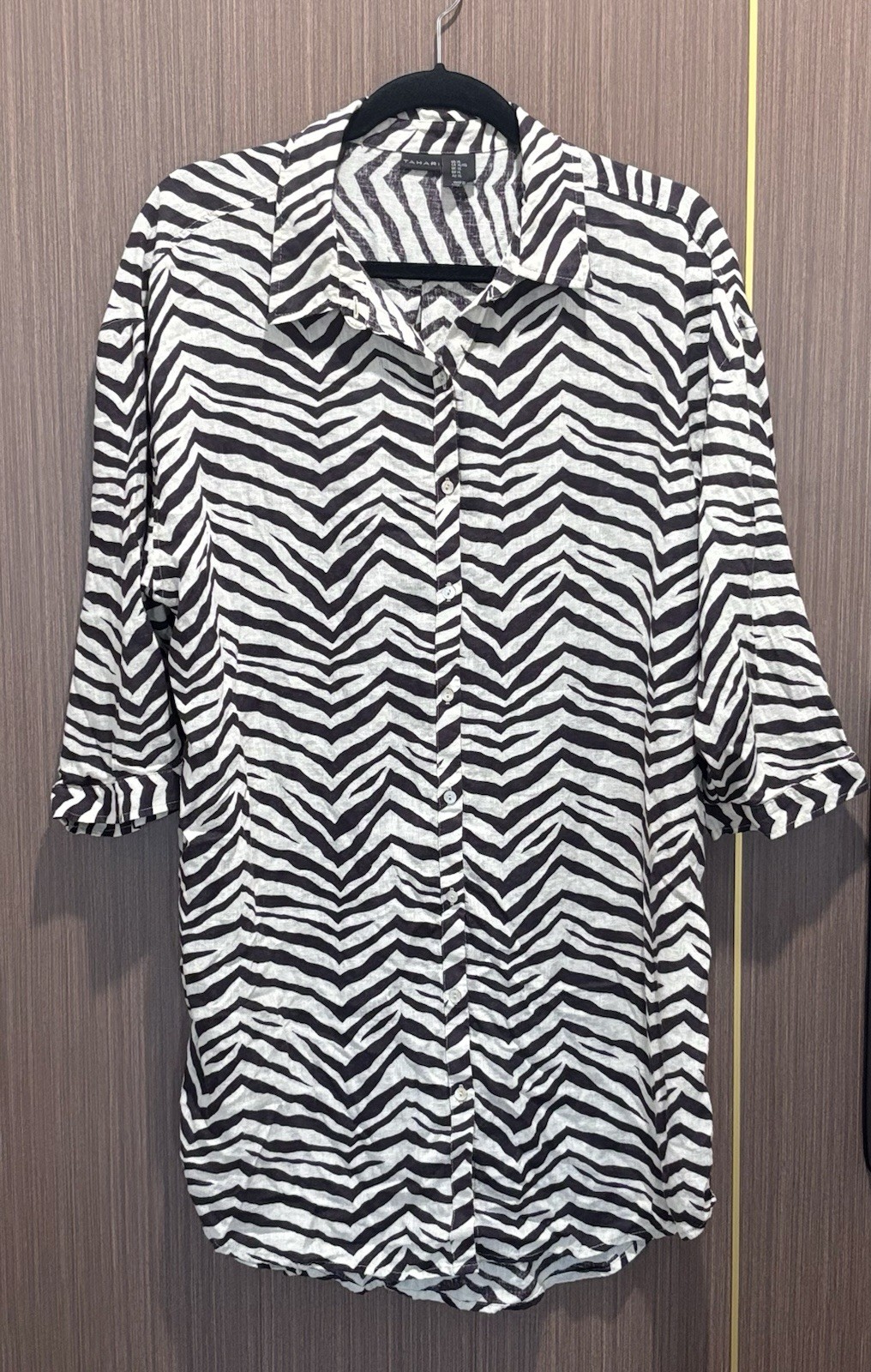 Tahari Tunic Blouse Womens XL Linen Blend Zebra Print Shirt Button Front Top