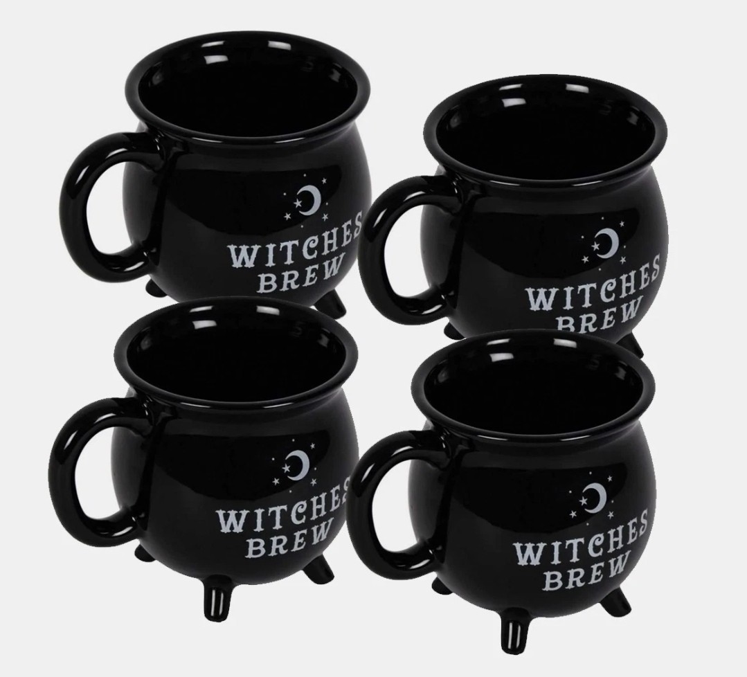 (4) Witches Brew Cauldron Mugs – Black Stoneware Coffee Tea Cup Witchy Gift