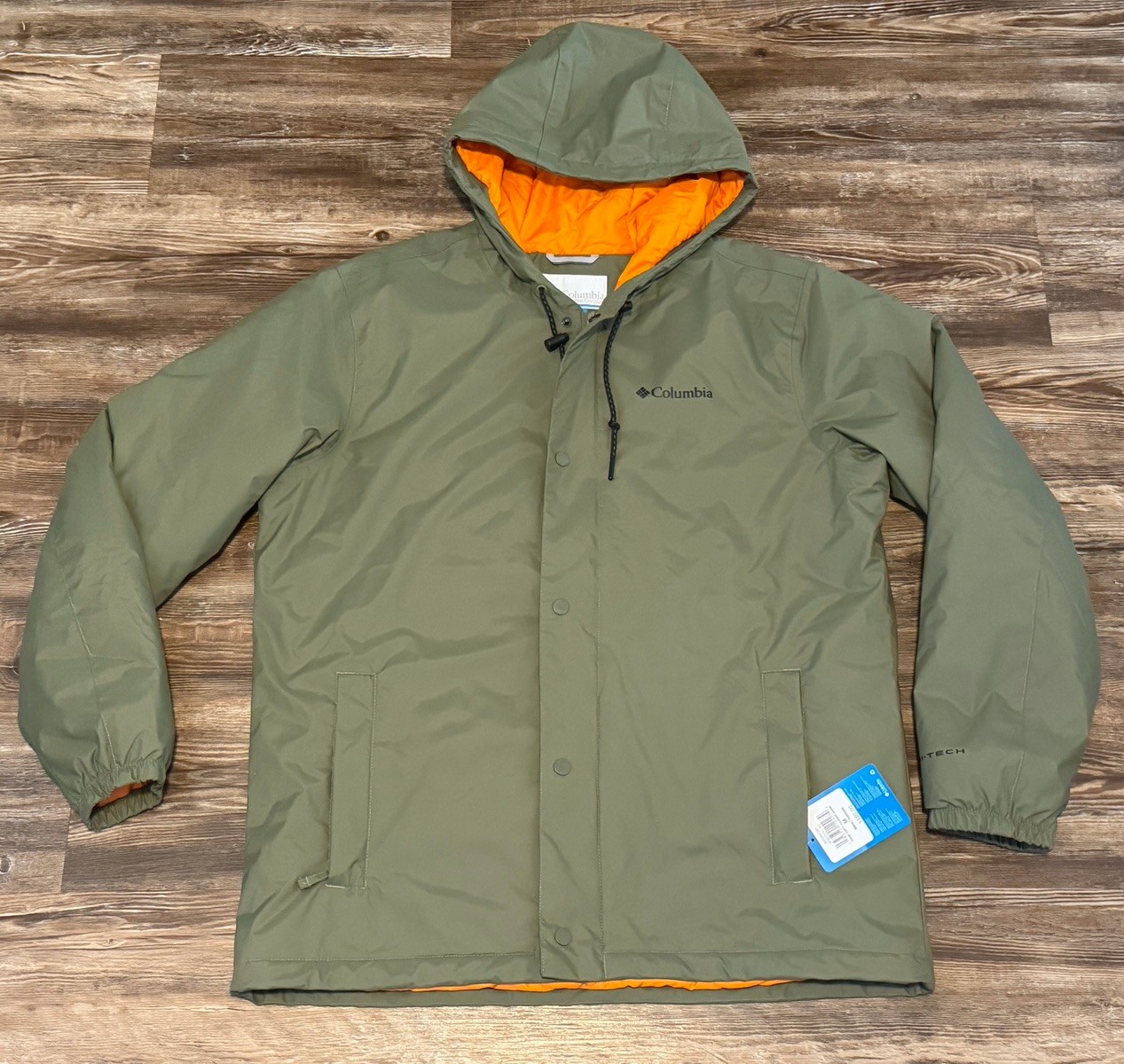 Columbia Mens Insulated Cedar Cliff Omni Tech Hooded Jacket Green Orange Sz M