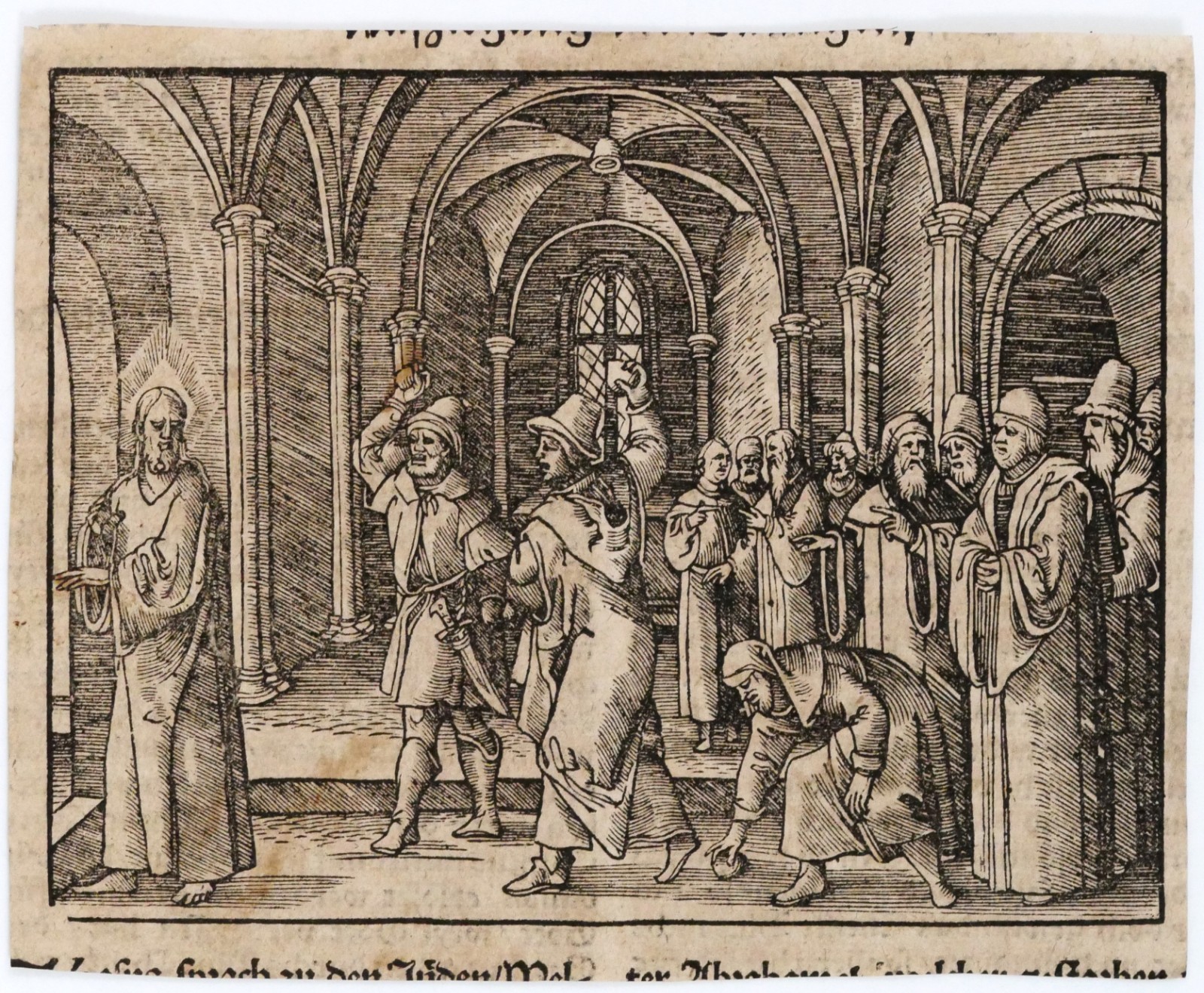 16thC German Luther Bible Woodcut Attempted Stoning of Jesus Temple Print