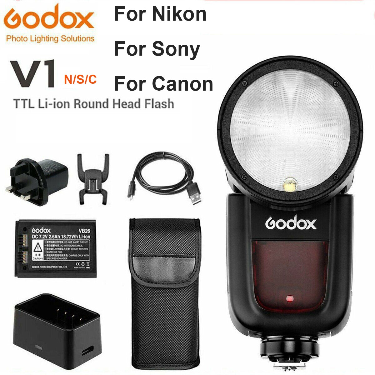 Godox V1 V1N V1S V1C 2.4G TTL HSS Camera Flash Speedlite Round Head Light USA