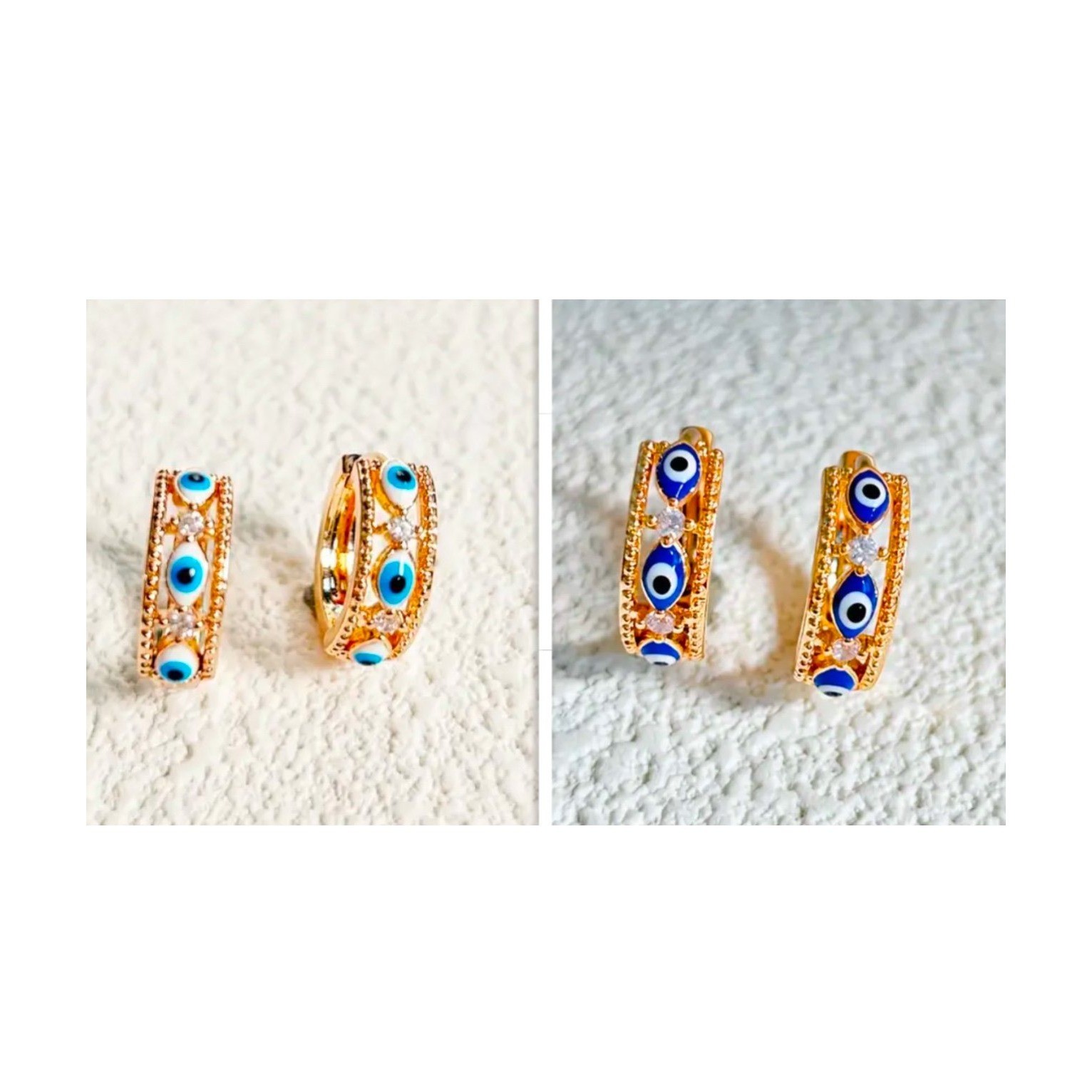 Gold Filled Evil Eye Hoop Earrings Bundle Lot Light & Dark Blue 2 Pairs