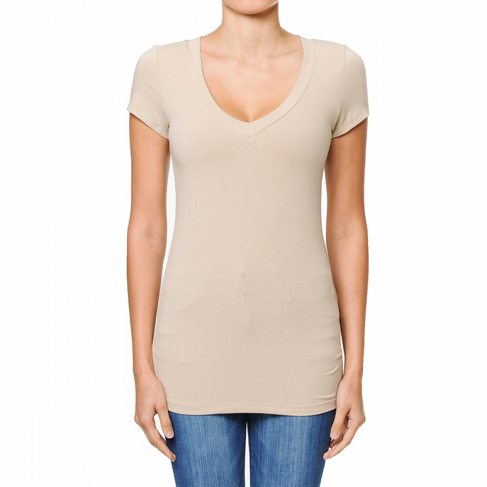  Ambiance V-Neck Short Sleeve T Shirt Basic Plain Solid Top Stretchy Cotton Tee