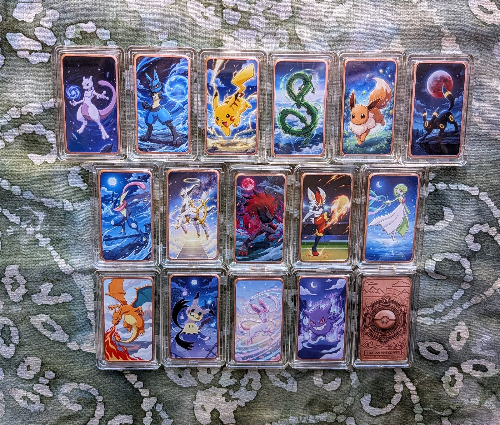 15pc  1oz  .999 Copper Pokemon Bar set in capsules  Rare full set Mint
