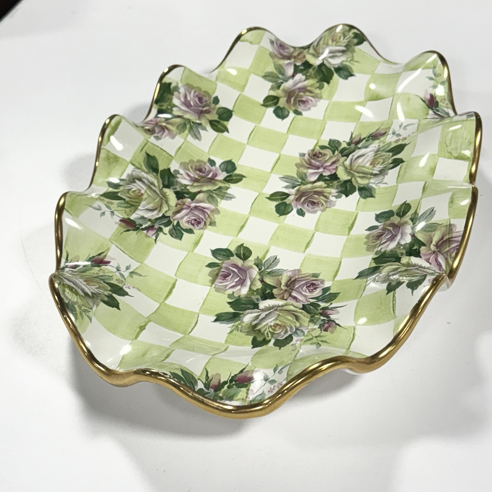 Mackenzie Childs Sweet Pea Honeymoon Green Check Platter Gold Trim Wall Decor