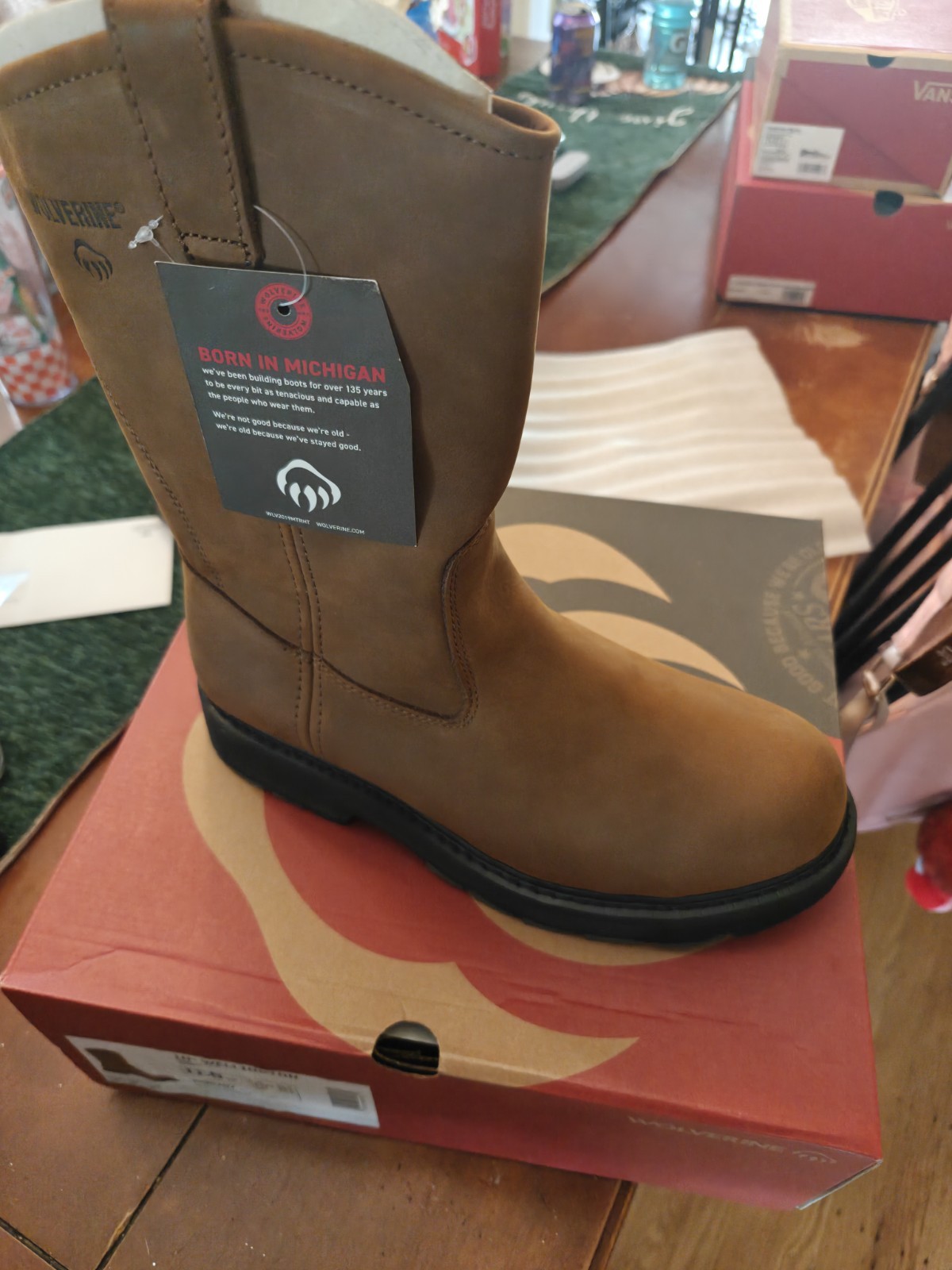 Wolverine Mens Work Steel Toe Wellington Brown Leather Boots W04707 Size 11 M
