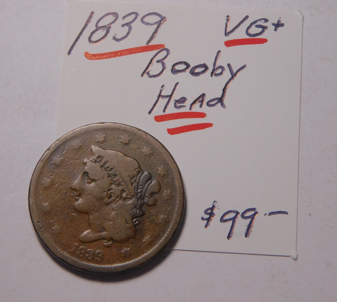 THE EVER-DISAPPEARING 1839 BOOBY HEAD LARGE CENT CHOCOLATE BROWN VG ✨✨ THE EVER-DISAPPEARING 1839 BOOBY HEAD LARGE CENT CHOCOLATE BROWN VG ✨✨