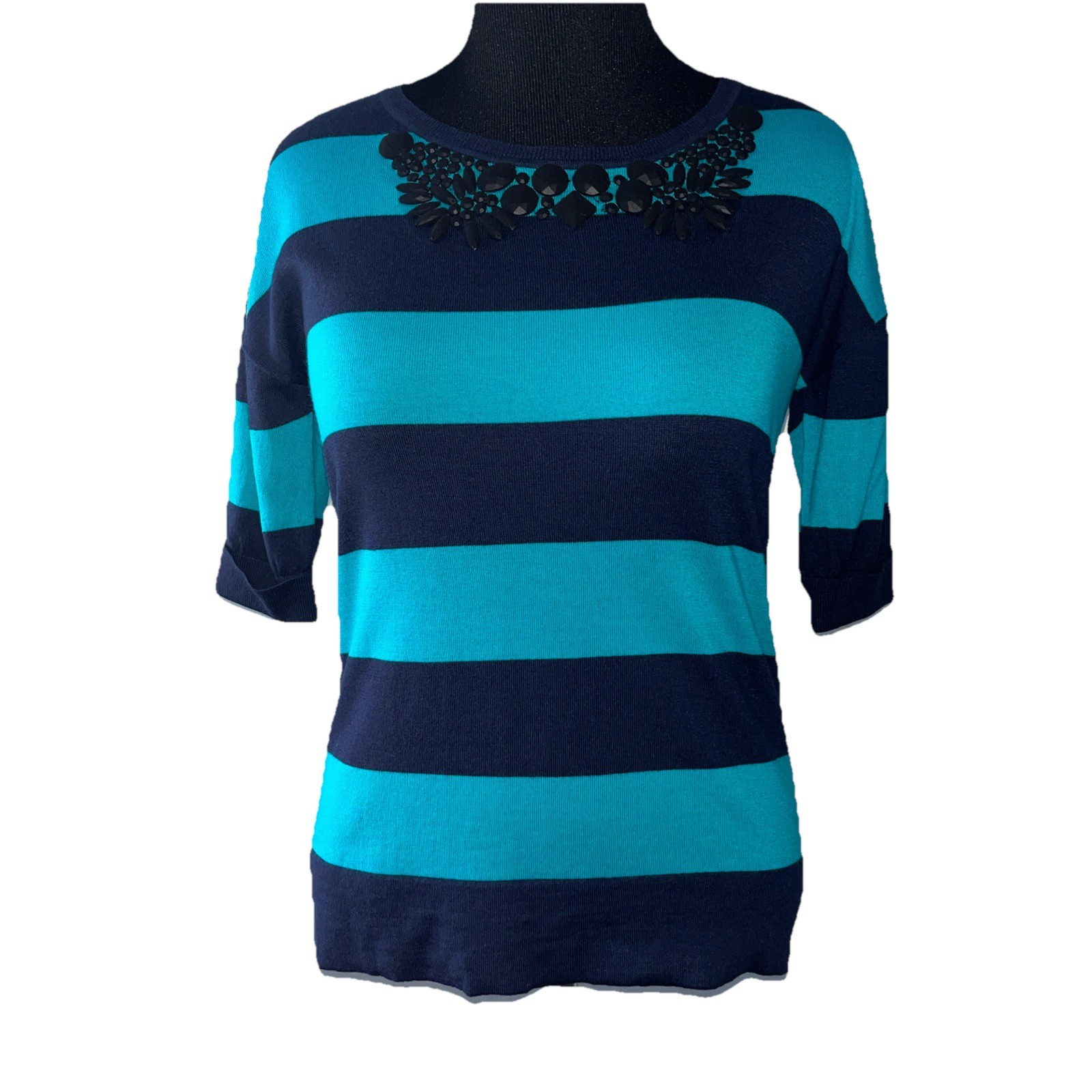 Boden Top Women’s Sz 6 Wool Blend Blue Striped Embellished Short Sleeve Sweater