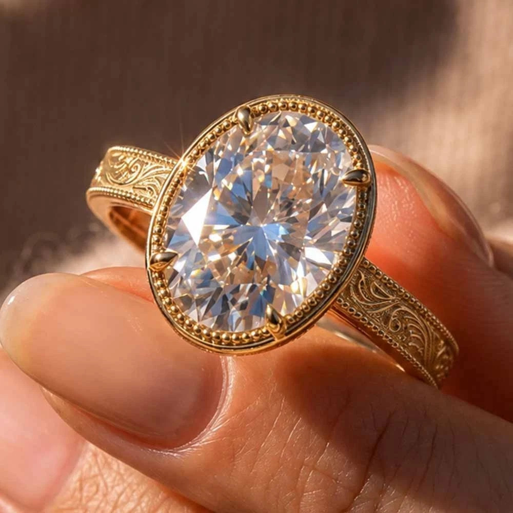 3.00 CTW Oval Cut D Moissanite Vintage Engagement Ring 14k Yellow Gold Plated